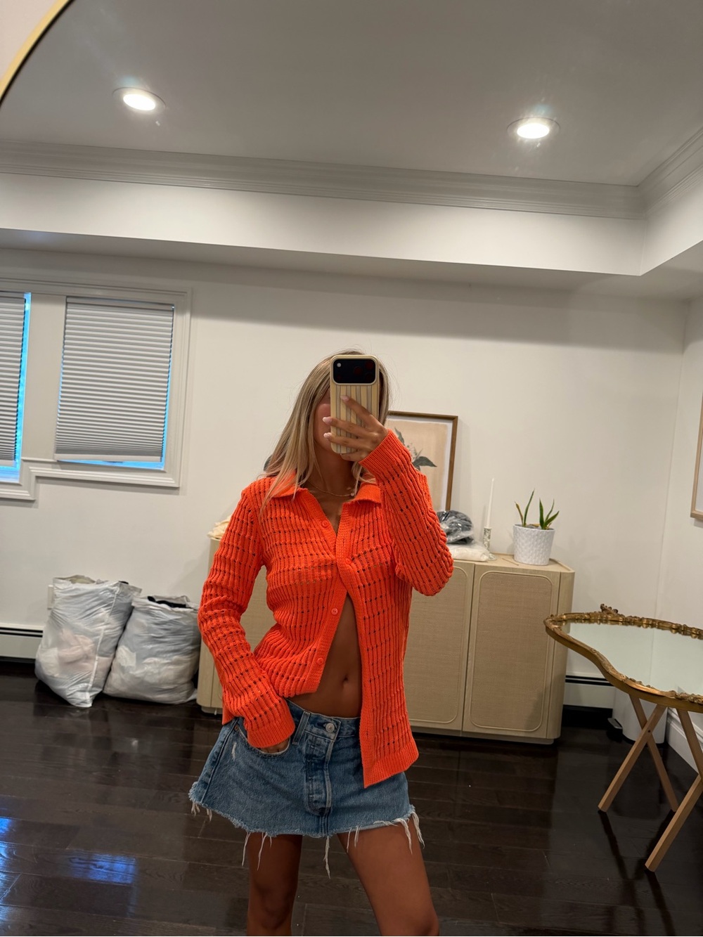 Zara Orange Knit Button-Up Top
